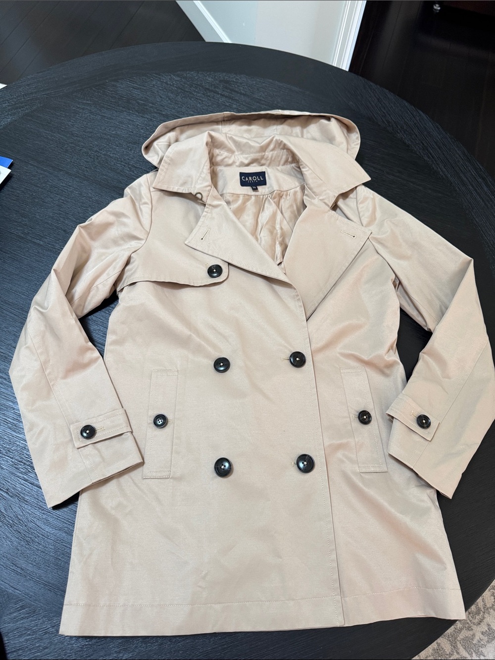 Caroll Women's Light Beige Double-Breasted Trench Coat with Removable Hood Sz4